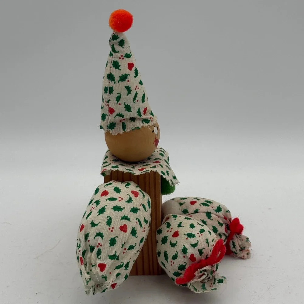 Vintage Wooden Block Christmas Clown Figurine Holly Heart Print Handmade Decor